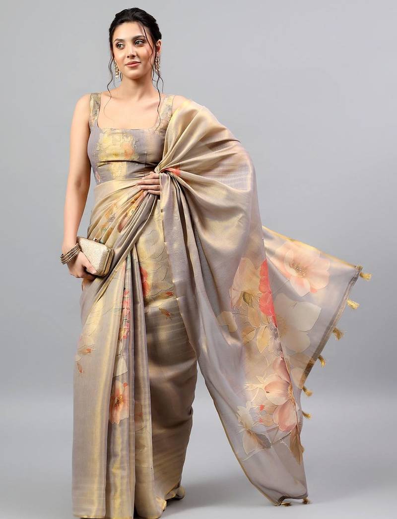 Grey tissue printed saree with blouse