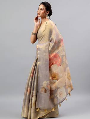 Grey tissue printed saree with blouse 2