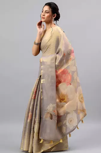 Grey tissue printed saree with blouse