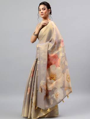 Grey tissue printed saree with blouse 4