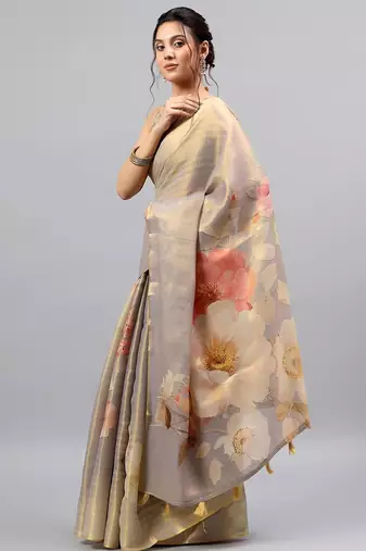 Grey tissue printed saree with blouse