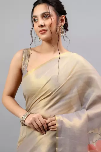 Grey tissue printed saree with blouse