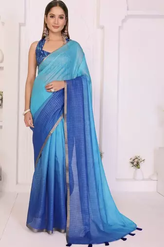 Blue linen striped saree with blouse