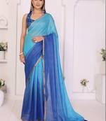 Blue linen striped saree with blouse
