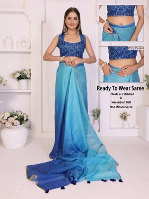 Blue linen striped saree with blouse 2