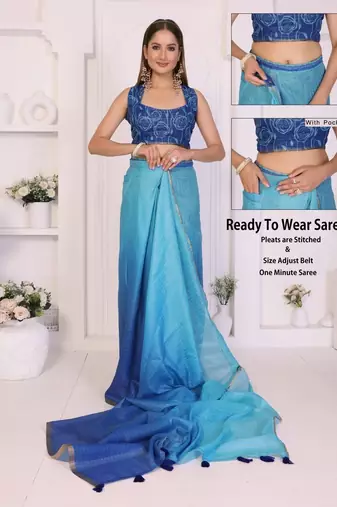 Blue linen striped saree with blouse