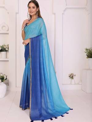 Blue linen striped saree with blouse 3