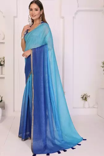 Blue linen striped saree with blouse