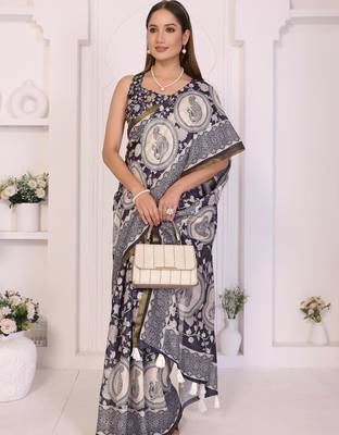 Navy blue linen printed saree with blouse 1