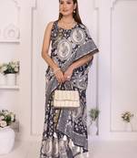 Navy blue linen printed saree with blouse