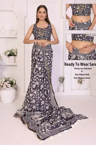 Navy blue linen printed saree with blouse