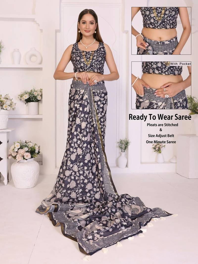 Navy blue linen printed saree with blouse