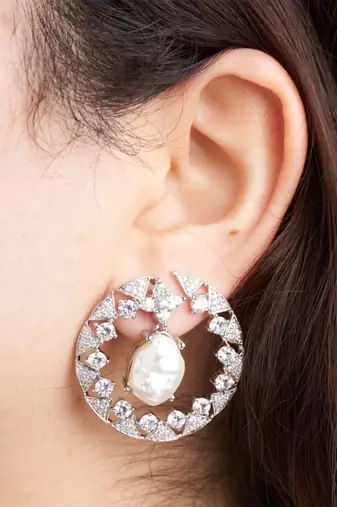 Silver plated white stone black hoop earrings