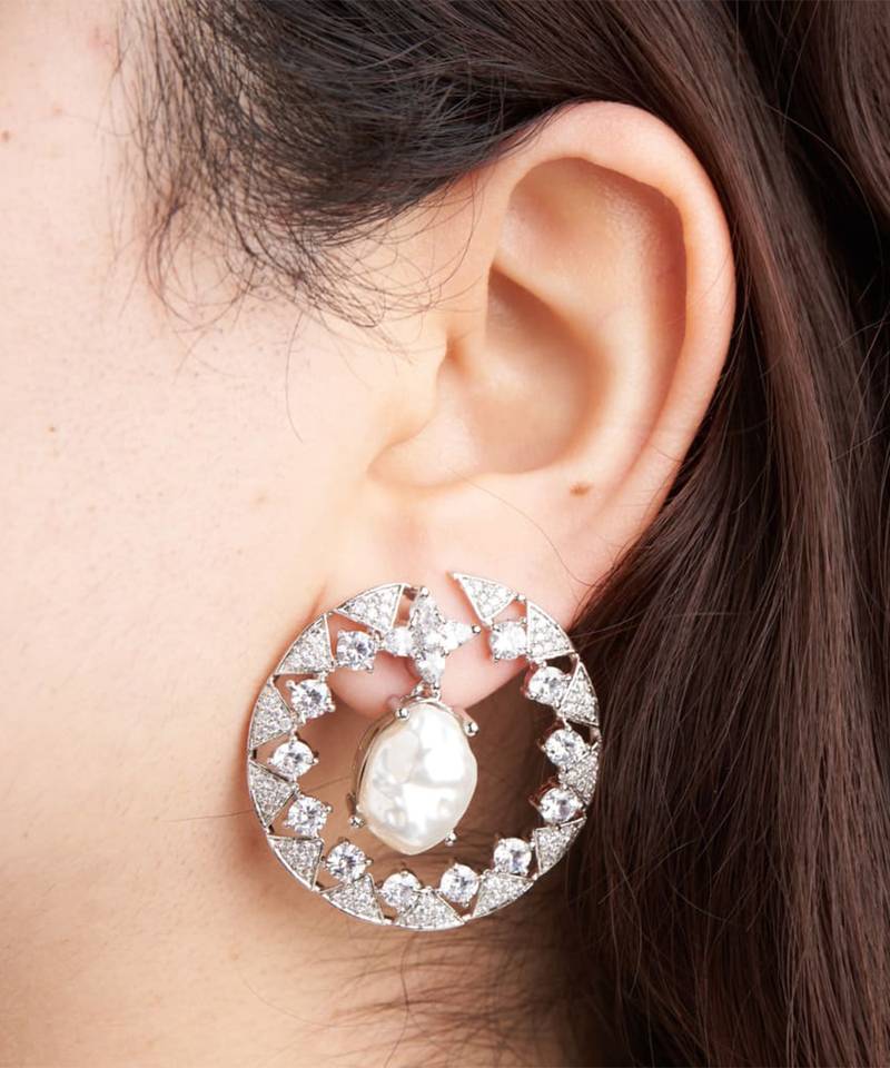 Silver plated white stone black hoop earrings