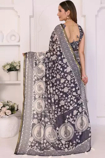 Navy blue linen printed saree with blouse
