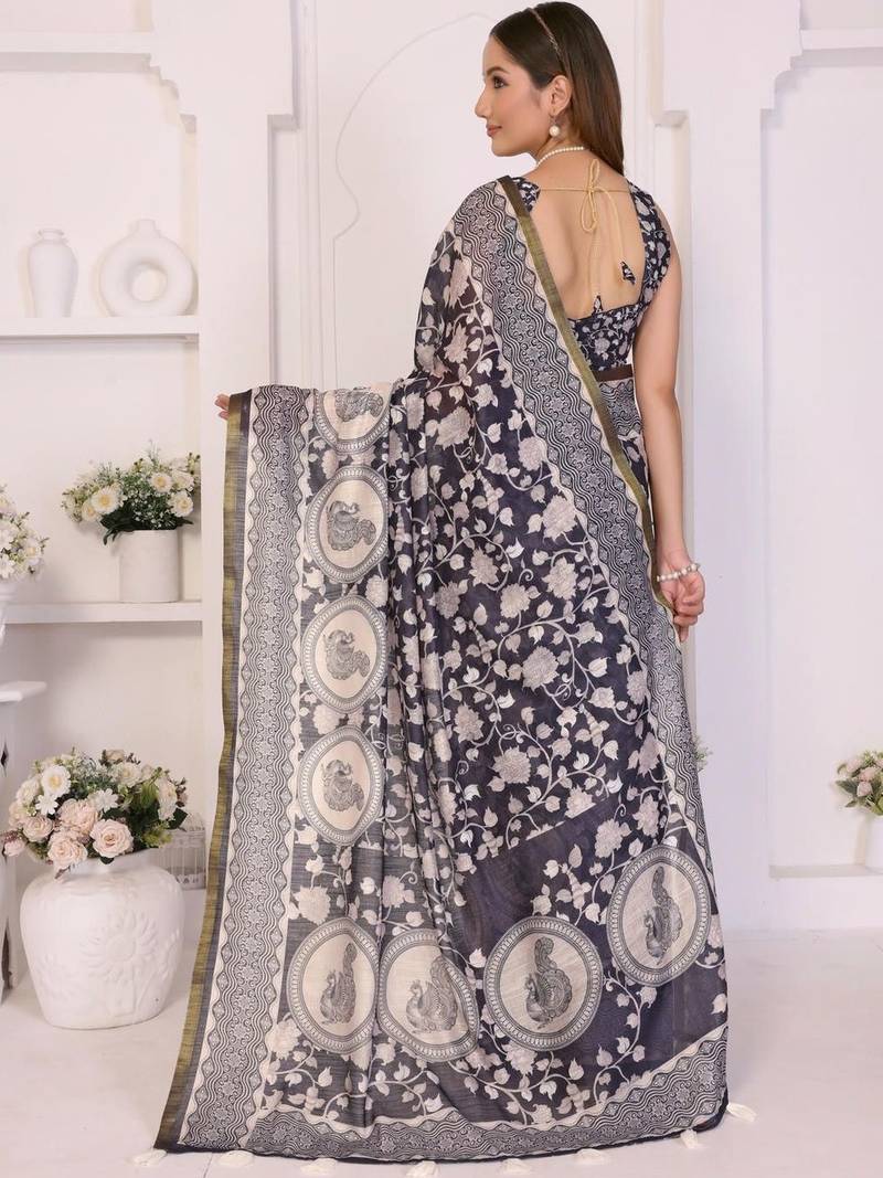 Navy blue linen printed saree with blouse