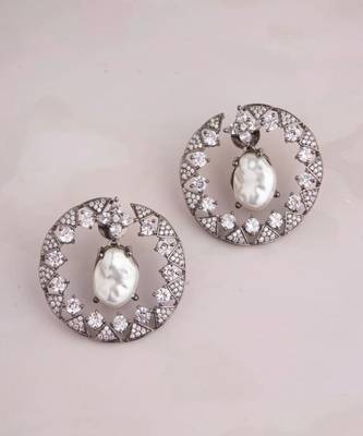 Silver plated white stone black hoop earrings 2