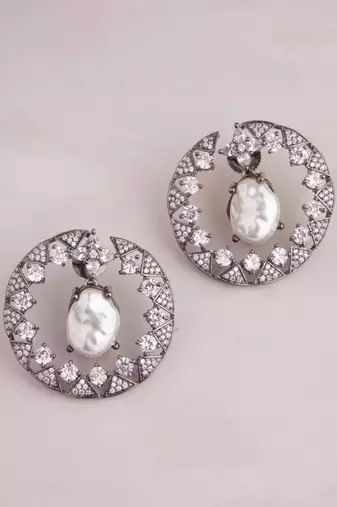 Silver plated white stone black hoop earrings