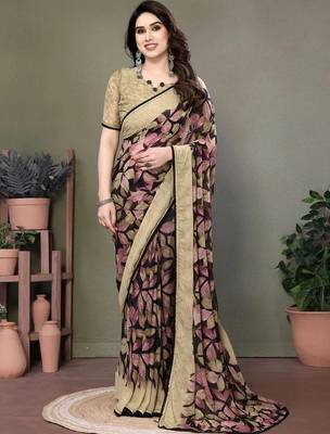Black chiffon printed saree with blouse 1