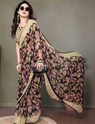 Black chiffon printed saree with blouse 4