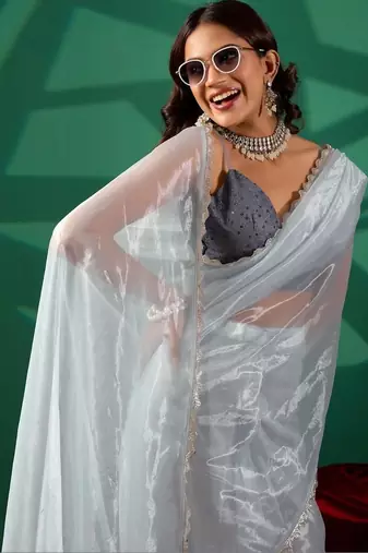 Blue shimmer solid saree with blouse