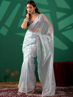 Blue shimmer solid saree with blouse 4