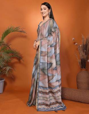 Multicolor linen printed saree with blouse 3