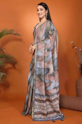 Multicolor linen printed saree with blouse