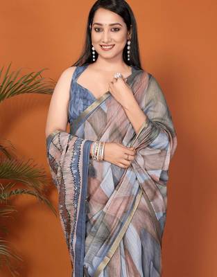 Multicolor linen printed saree with blouse 5