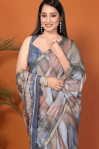 Multicolor linen printed saree with blouse