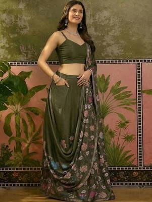 Olive linen printed saree with blouse 1