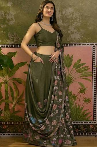 Olive linen printed saree with blouse