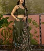 Olive linen printed saree with blouse