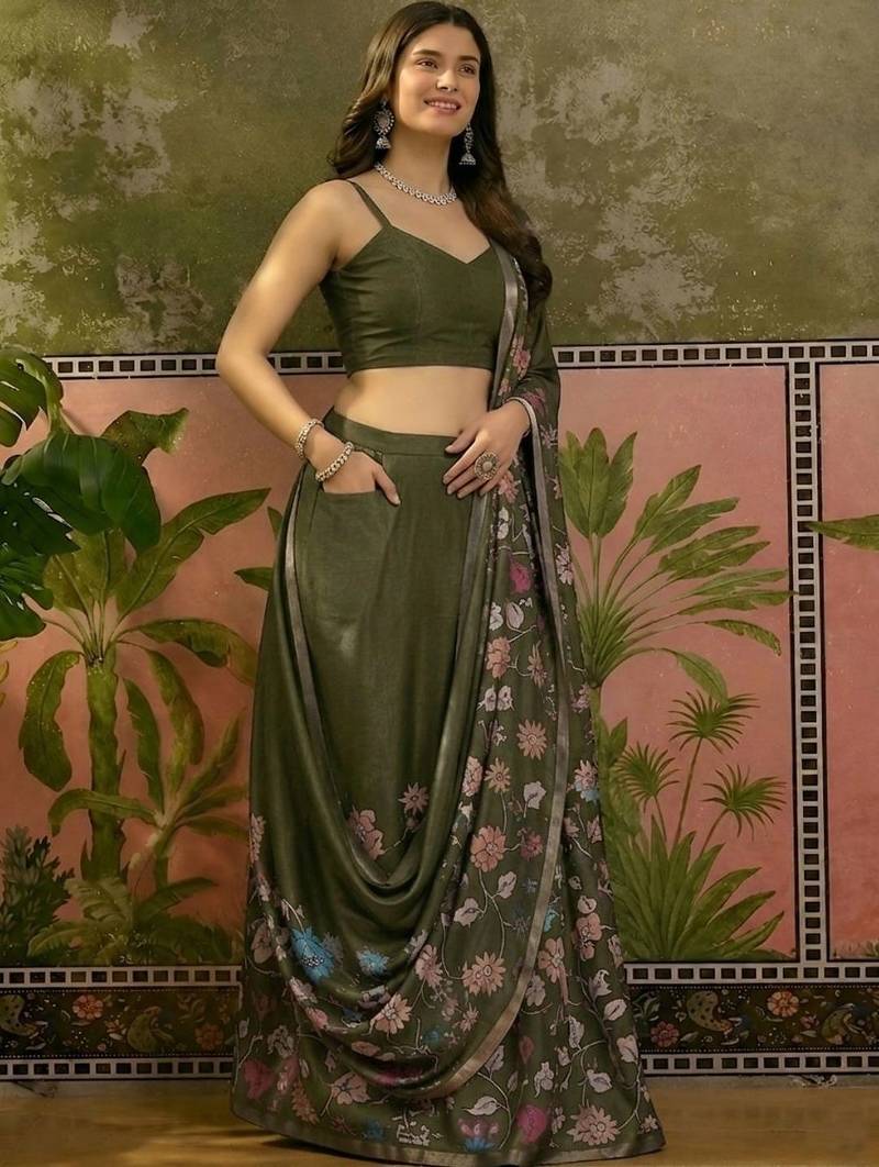 Olive linen printed saree with blouse