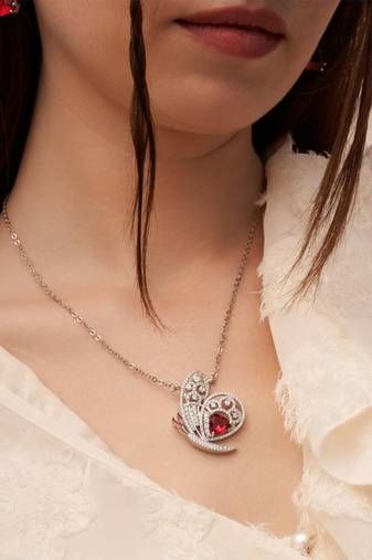 Silver plated red stone butterfly pendant necklace