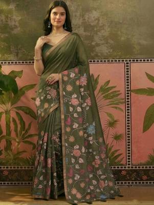 Olive linen printed saree with blouse 2