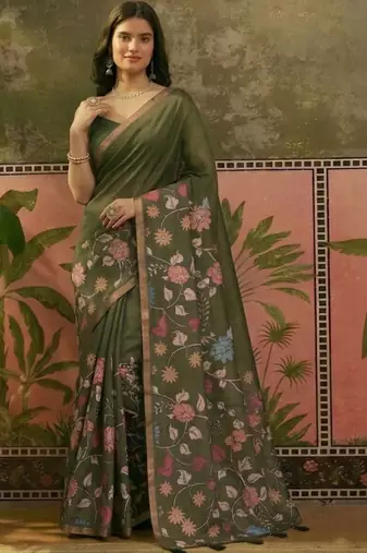 Olive linen printed saree with blouse
