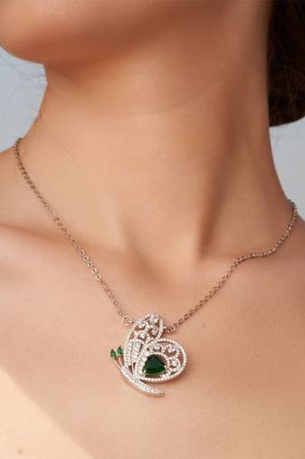 Silver plated green stone butterfly pendant necklace