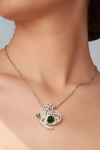 Silver plated green stone butterfly pendant necklace
