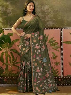 Olive linen printed saree with blouse 3