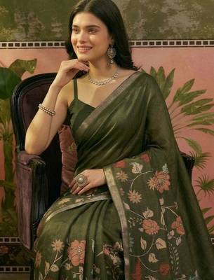 Olive linen printed saree with blouse 4