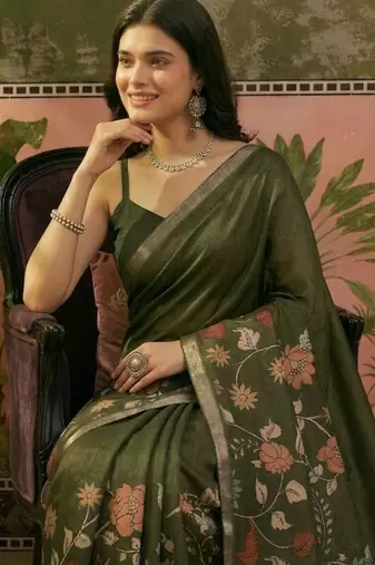 Olive linen printed saree with blouse