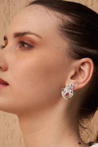 Silver plated ruby red butterfly stud earrings