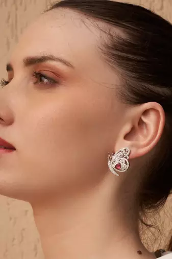 Silver plated ruby red butterfly stud earrings