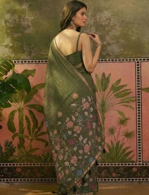 Olive linen printed saree with blouse 5