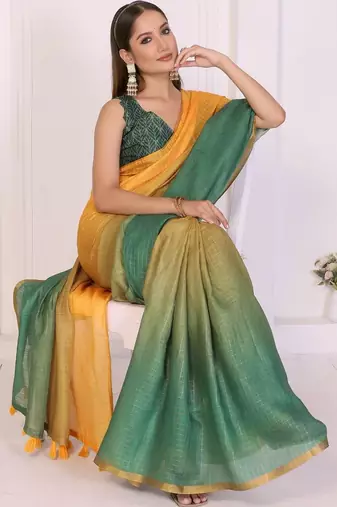 Multicolor linen solid saree with blouse