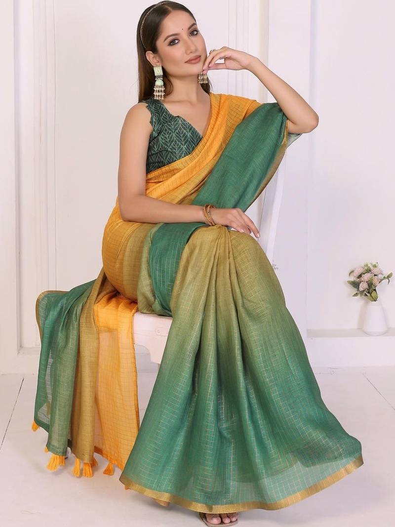 Multicolor linen solid saree with blouse