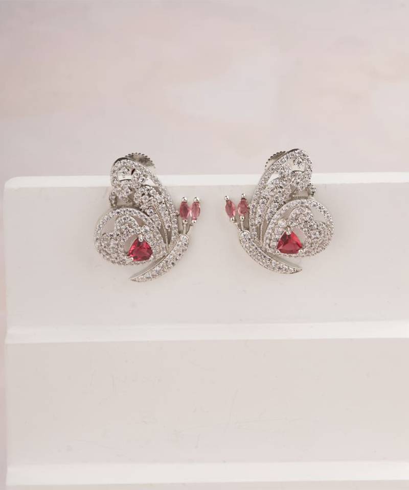 Silver plated ruby red butterfly stud earrings