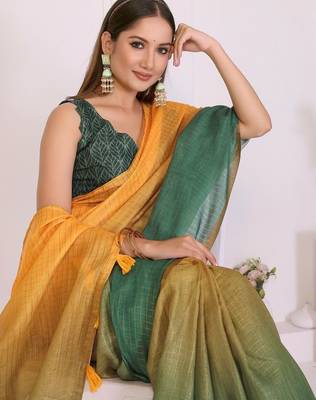 Multicolor linen solid saree with blouse 3