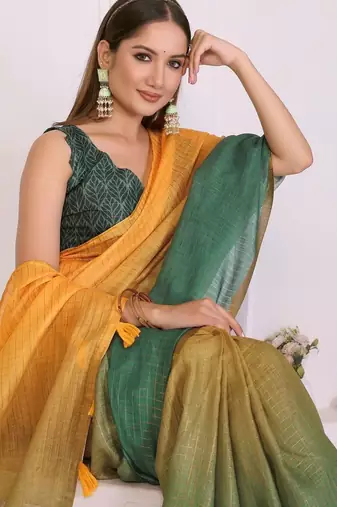 Multicolor linen solid saree with blouse